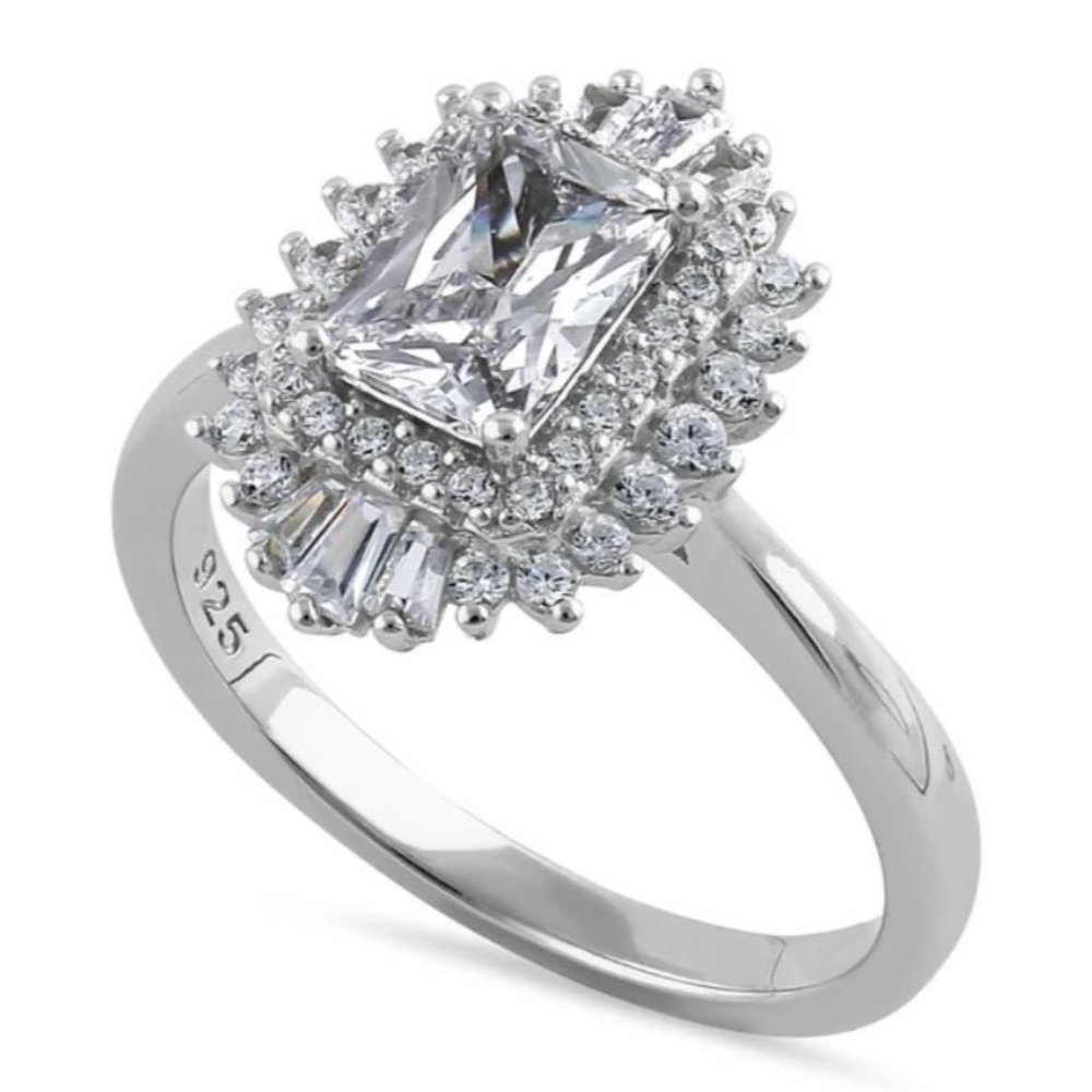 Antique Style Ring Radiant Cut CZ With Tapered Baguettes 925 Sterling Silver - Picture 15 of 16
